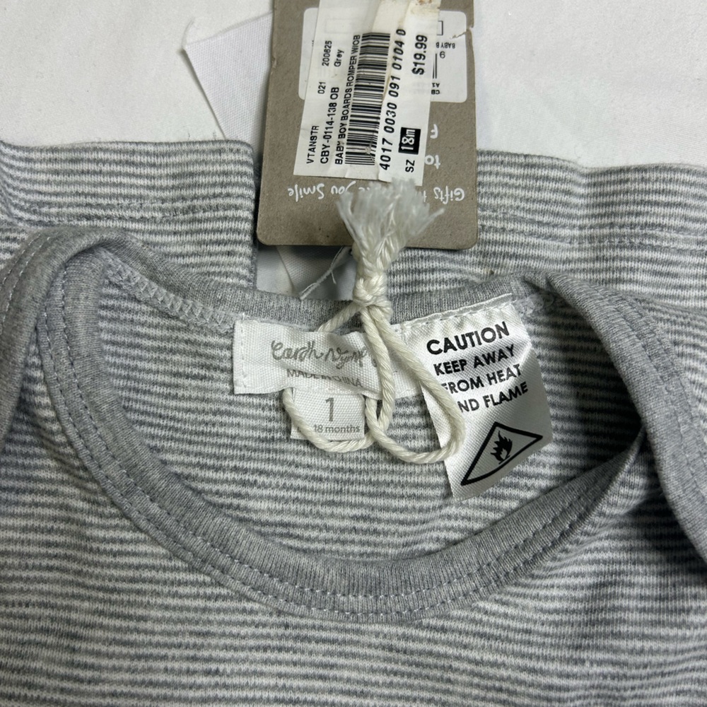 Earth Nymph Ron Jon Surf Shop Orange Beach AL Gray and White Striped Baby Romper - Picture 5 of 6